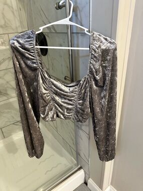 Velvet Ruched Long-Sleeve Crop Top - Silver Gray